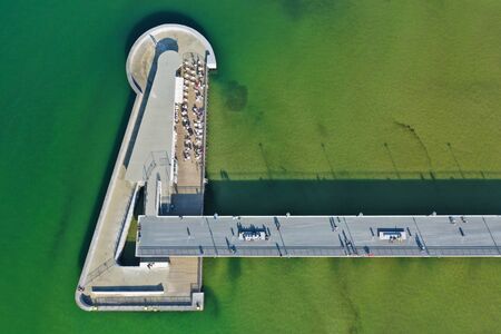 KOLOBRZEG, POLAND - 25 APRIL 2019 - Aerial view on Kolobrzeg city, area of Molo pier at Baltic Sea...