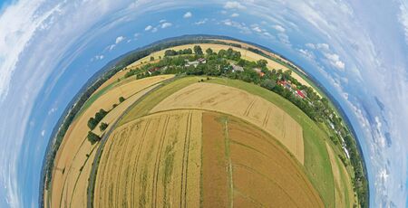 Aerial drone 180 degree panoramic view on damaged wheat field after wind storm, rural landscape.