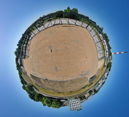 Aerial drone 360 degree spherical view on steel construction frame, on building site, concrete floor...