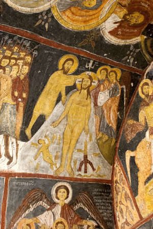 CAPPADOCIA,TURKEY-JANUARY 10,2006 : Frescoes on a wall of cave church , Gulsehir -  St. Jean Church (Karsi Kilise),Cappadocia Turkey. The scenes are from the life of Jesus and the Bible.のeditorial素材