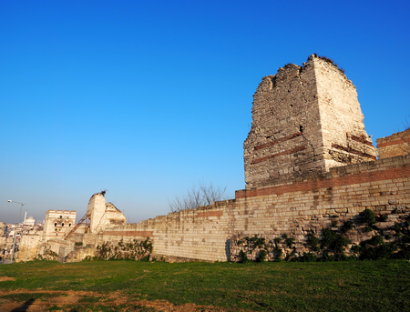 The ruins of famous ancient walls of Constantinople in Istanbul, Turkeyの写真素材