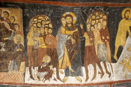 CAPPADOCIA,TURKEY-JANUARY 12,2006 : Frescoes on a wall of cave church , Gulsehir -  St. Jean Church (Karsi Kilise),Cappadocia Turkey. The scenes are from the life of Jesus and the Bible.のeditorial素材