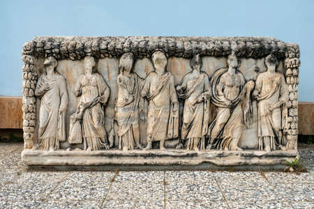 Sculpture and high reliefs at ancient sarcophagus or tomb in Aphrodisias.