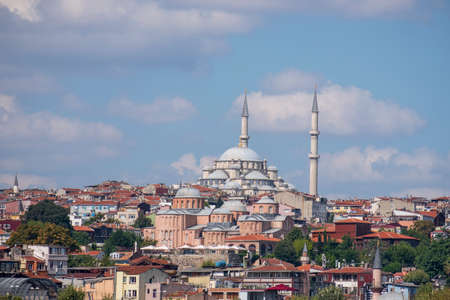 ISTANBUL, TURKEY, August 06, 2019: View of Zeyrek Mosque or Monastery of the Pantocrator, is a significant mosque in Istanbul with Fatih Mosque in the background.のeditorial素材