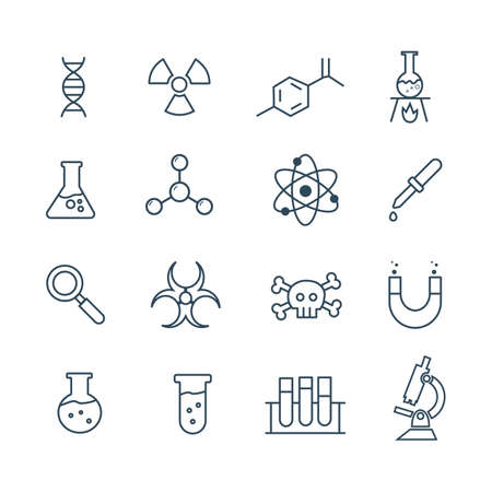 Scientific laboratory test and analysis thin line illustrations pack. Chemical lab research vector linear icons set. Chemistry and biotechnology design elements.のイラスト素材