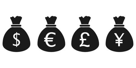 Money bag icons. Dollar, euro, pound sterling and Japanese Yen or Chinese Yuan icons set. Isolated vector illustration.のイラスト素材