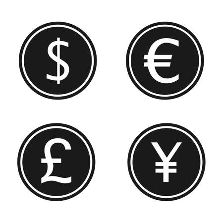 Dollar, euro, pound sterling and Japanese Yen or Chinese Yuan icons set. Isolated vector illustration.のイラスト素材