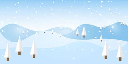 Cartoon style winter landscape. Vector illustration of pine trees, mountains and snowflakes.のイラスト素材