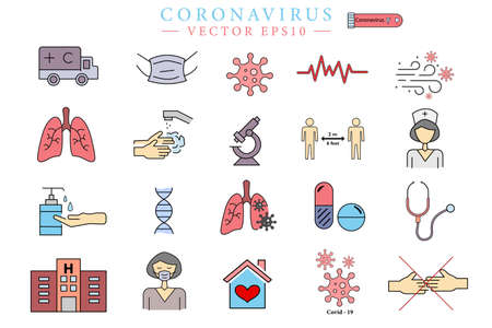 Coronavirus colorful set icon. Symbols related to Covid 19. Isolated vector illustration.のイラスト素材