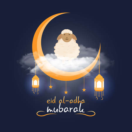 Eid al adha mubarak card design. Muslim Community Day. Clouds, crescent and sheep. Vector design.のイラスト素材