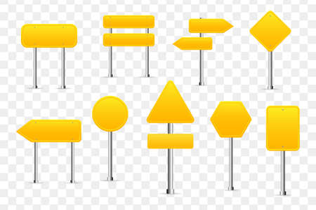 Yellow color road signs icon set. Vector illustration isolated on transparent background.のイラスト素材