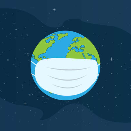 Earth and white medical mask. Wear a mask against pandemic coronavirus spreading. Vector isolatedのイラスト素材