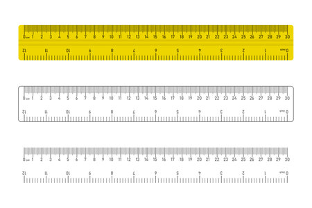 Realistic ruler icon, measuring instrument. 30 cm 12 inch ruler set. Isolated vector illustration.のイラスト素材