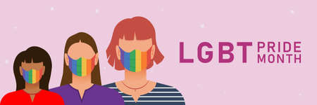 Women wearing medical masks to protect against coronavirus. Pride day LGBTQ concept, LGBT pride month poster design. vectorのイラスト素材
