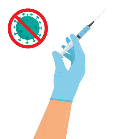 Vaccination concept. vaccine syringe in blue gloved hands of doctor, nurse, scientist. Isolated flat vector illustration.のイラスト素材