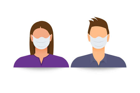 Masked female and male silhouette. Please put on your face Mask Icon. A poster calling for people to wear a face mask.  Isolated vector illustration.のイラスト素材