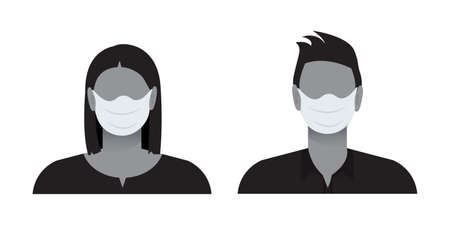 Woman and man wearing masks in coronavirus concept. Editable Stroke. Isolated vector illustration.のイラスト素材