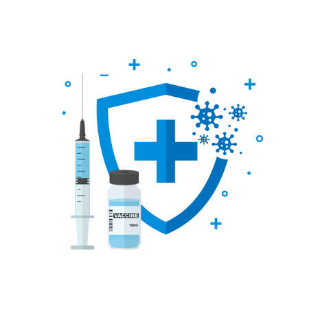Syringe, vaccine vial and shield. Virus protection, vaccination concept. vector illustration.のイラスト素材