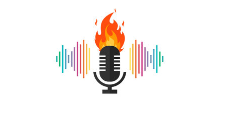 Microphone with flames icon. Music Fire Logo Design. Flame fire podcast microphone symbol. Vector drawn isolatedのイラスト素材