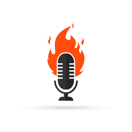 Microphone with flames icon. Music Fire Logo Design. Flame fire podcast microphone symbol. Vector drawn isolatedのイラスト素材