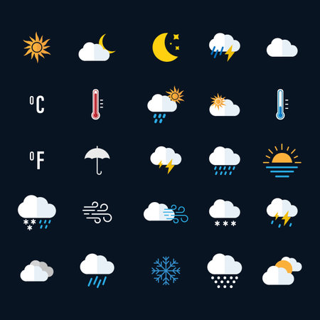 Weather icon set. Sunny, cloudy, rainy, stormy, hot degrees offer. seasons. Vector illustration on black backgroundのイラスト素材