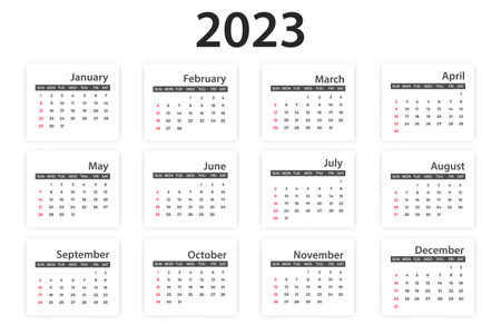 Classic monthly calendar for 2023. The week starts on Sunday. Vector design isolated on white...