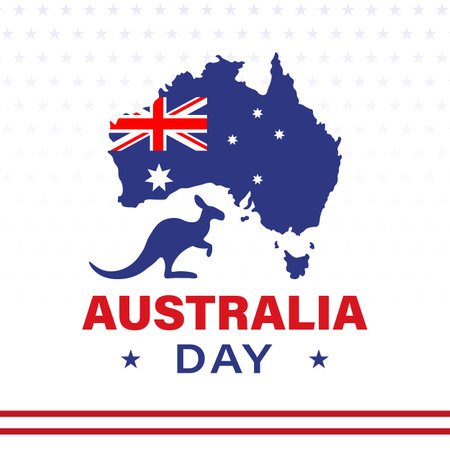 January 26, Happy Australia Day. Australian National Flag, map and kangaroo. Background, poster, card, banner vector illustrationのイラスト素材