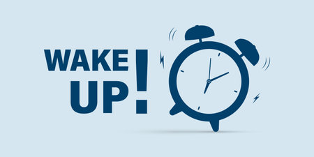 morningtime. Wake up time badge. Alarm clock with banner Wake up. Ringing alarm clock. Isolated vector illustration.のイラスト素材