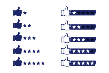Level of satisfaction. Feedback evaluation with thumbs up. Customer review. User reviews with five stars ranking. Rating stars set. Vector illustration.のイラスト素材