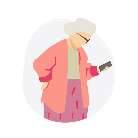An elderly woman looking at her smartphone. Senior woman making a video call. He is learning to use the phone. vector illustrationのイラスト素材