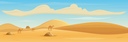 Hills, mountains and camels silhouettes against desert landscape background. In cartoon style. vector illustrationのイラスト素材