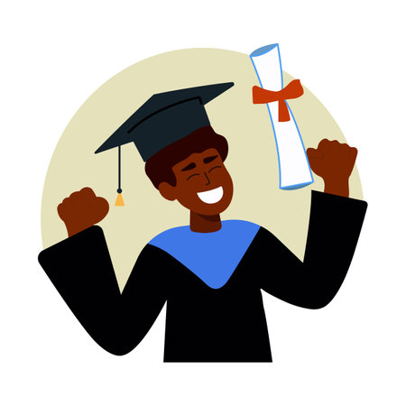 A cheerful black male graduate celebrates his graduation with a diploma and a graduate cap on his head. Concept for happy graduation poster or card template design. vector drawingのイラスト素材