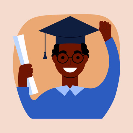 A cheerful black male graduate celebrates his graduation with a diploma and a graduate cap on his head. Concept for happy graduation poster or card template design. vector drawingのイラスト素材