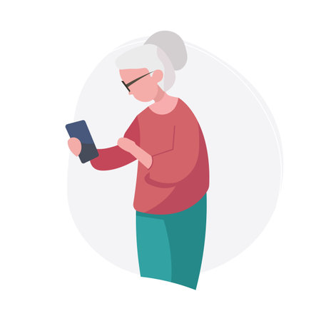 An elderly woman looking at her smartphone. Senior woman making a video call. He is learning to use the phone. vector illustrationのイラスト素材