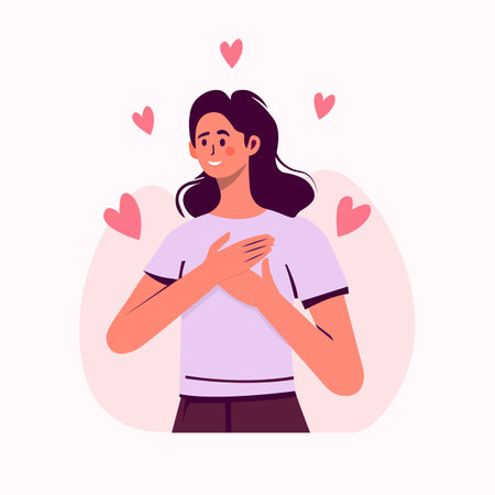 A woman with her hands on her chest. A grateful gesture. Happy calm peaceful girl volunteer. Happiness, Kind heart, harmony, woman loving herself, feeling positive emotion. Vectorのイラスト素材