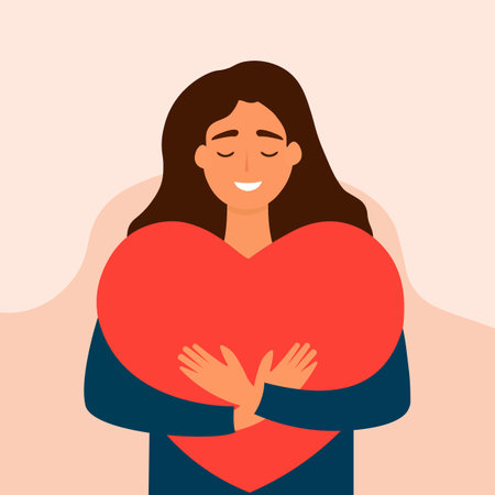 Happy girl gives love and kindness. Young woman embraces a big red heart with hands. Concept of charity, philanthropy, empathy and donation. vector illustrationのイラスト素材