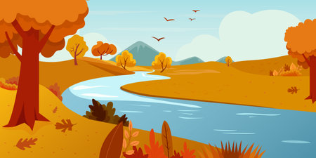 River water flow and mountain autumn landscape illustration. Falling leaves from tree scene and beautiful stream near meadow or slate. vector illustrationのイラスト素材