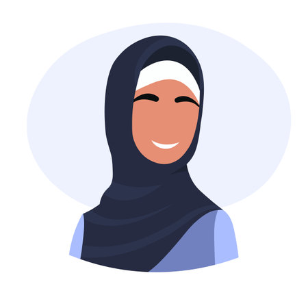 Arab Woman Face Covered with Hijab. muslim woman. Muslim Girl Avatar. Avatar icon in flat style. Smiling girl in a scarf. Isolated vector illustrationのイラスト素材