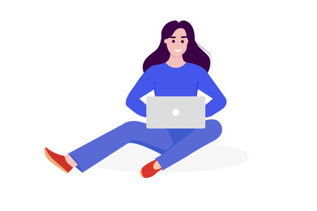 Online education, work at home, business concept, freelancing. Young smiling woman sitting cross-legged with laptop in hand. Cartoon styled vector illustrationのイラスト素材