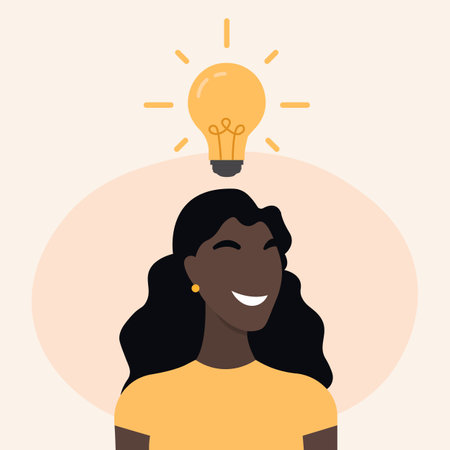 Young black woman and lamp bulb. In a flat style on the theme of inspiration with an idea. vector illustration.のイラスト素材
