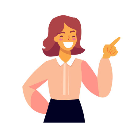 Happy young woman pointing and showing smile with hand. Smiling secretary or businesswoman...