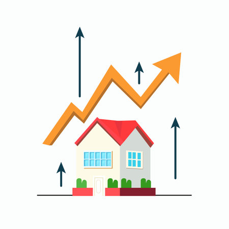 Housing price rising up. Real estate investment or property growth concept, house with arrow graph. Isolated vector illustrationのイラスト素材