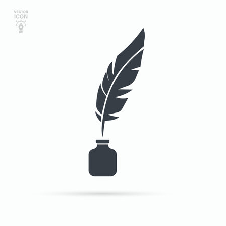 Feather and ink bottle icon. Black inkwell. Isolated vector illustration.のイラスト素材