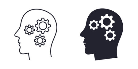 Head and gear wheel silhouette flat and line icon. Mind thinking. isolated vector illustrationのイラスト素材
