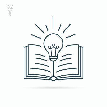 Open book with light bulb. Futuristic knowledge, inspiration, creative thinking concept. Isolated vector illustration.のイラスト素材