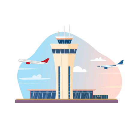 Airport Terminal building and airplanes. Vector illustrationのイラスト素材