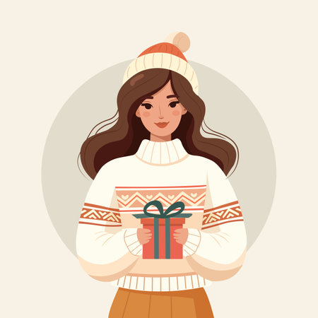 Young beautiful woman in a knitted sweater, holding a gift and wearing a New Year's hat. Woman with gift box for winter holidays. Vector illustrationのイラスト素材