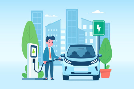 Man charging his electric car at charging station and city background. Electric transportation and eco-friendly vehicle concept. Vector illustration.のイラスト素材