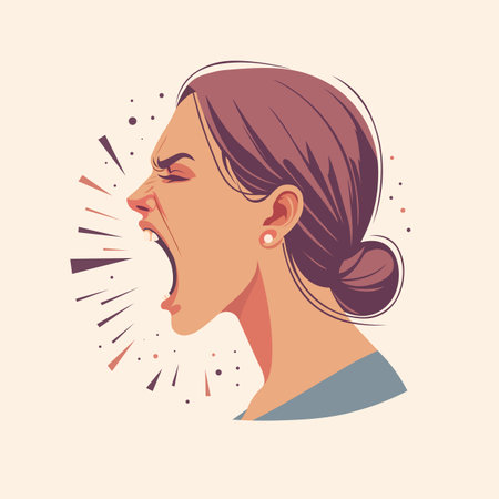 Angry screaming woman side profile. Head of a stressed girl. Vector illustrationのイラスト素材