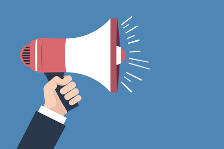 Hand holding megaphone for promotional posters. Simple flat cartoon style vector illustration.のイラスト素材